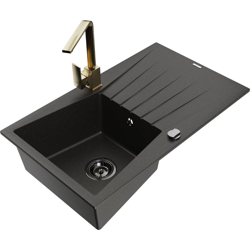 Zlewozmywak granitowy 1-komorowy Mexen Cesar z ociekaczem i baterią kuchenną Rita szary - 6514-71-670300-71 1 szt.