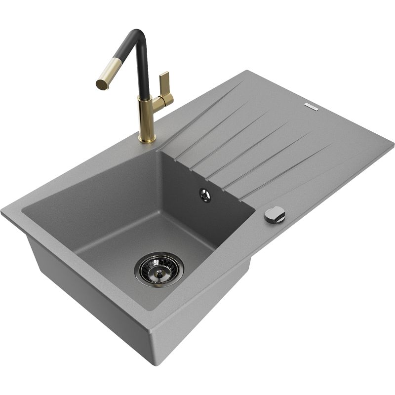 Zlewozmywak granitowy 1-komorowy Mexen Cesar z ociekaczem i baterią kuchenną Rita beżowy - 6514-69-670300-70 1 szt.