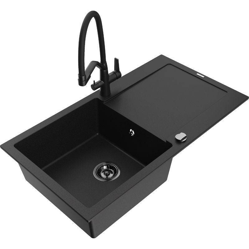 Zlewozmywak granitowy 1-komorowy Mexen Leo z ociekaczem i baterią kuchenną Duo czarny nakrapiany - 6501-76-671701-70-B 1 szt.