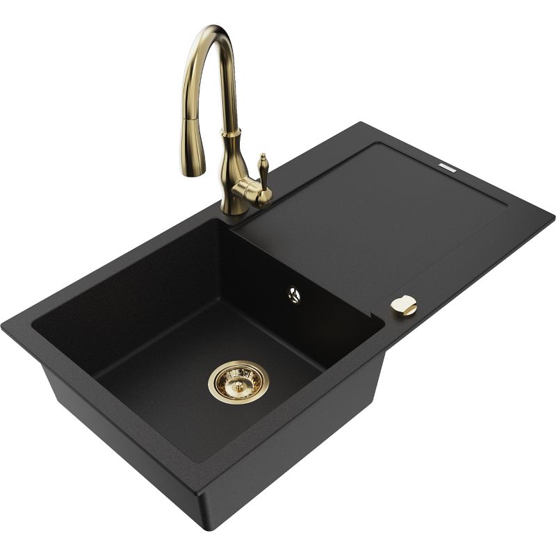 Zlewozmywak granitowy 1-komorowy Mexen Leo z ociekaczem i baterią kuchenną Savita czarny 6501-77-672601-50