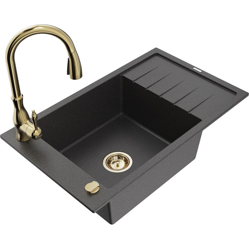 Zlewozmywak granitowy 1-komorowy Mexen Elias z ociekaczem i baterią kuchenną Savita czarny nakrapiany - 6511-76-672601-76 1 szt.