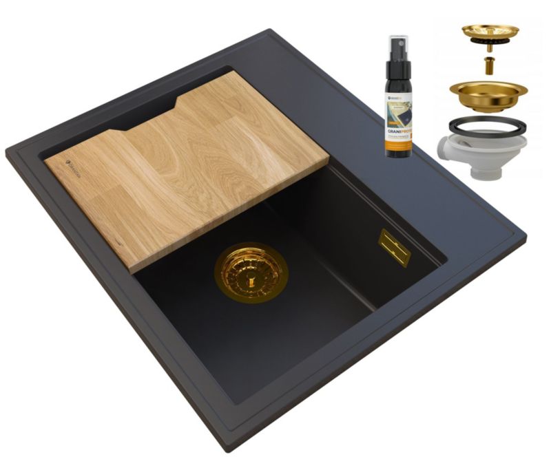 Zlewozmywak Granitowy Kuchenny Granitan Foxal Czarny z Syfonem Złotym i Deską 1kpl.