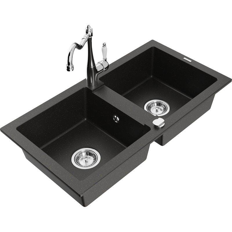 Zlewozmywak granitowy 2-komorowy Mexen Mario z baterią kuchenną Carla czarny/złoty metalik 6504-75-670700-00