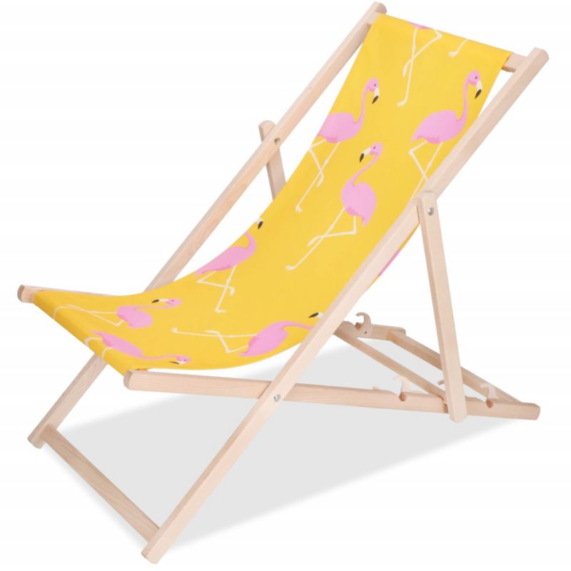 Leżak plażowy Springos drewniany z 3-stopniową regulacją, do ogrodu, żółto-różowy 1 szt.