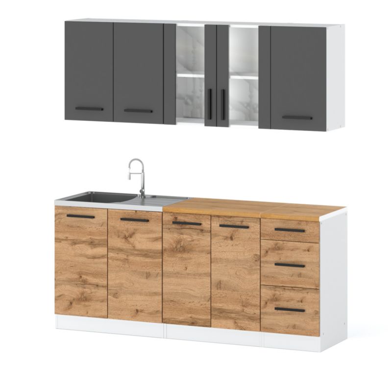 Zestaw Kuchenny Hurtownia-Mebli Z Blatem Kuchnia Rest 200cm Biały Mat Szary Mat/Dąb Wotan 200x47x145 cm 1szt.