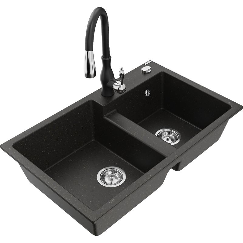 Zlewozmywak granitowy 2-komorowy Mexen Tomas z baterią kuchenną Savita czarny/złoty metalik - 6516-75-672601-00 1 szt.