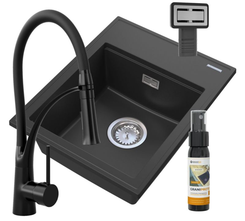 Zlewozmywak Granitowy Jednokomorowy Granitan Alor Czarny Zestaw Zlewozmywak Bateria Nexo czarna Syfon 1 kpt.