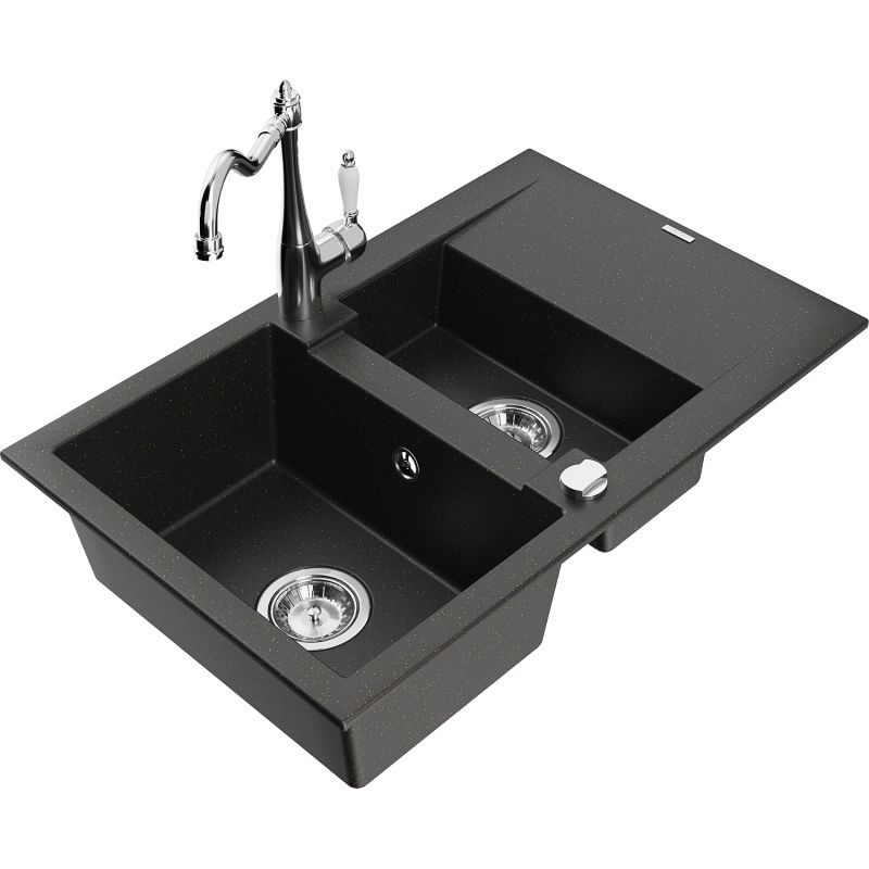 Zlewozmywak granitowy 1.5-komorowy Mexen Gaspar z ociekaczem i baterią kuchenną Carla czarny/złoty metalik 6507-75-670700-00