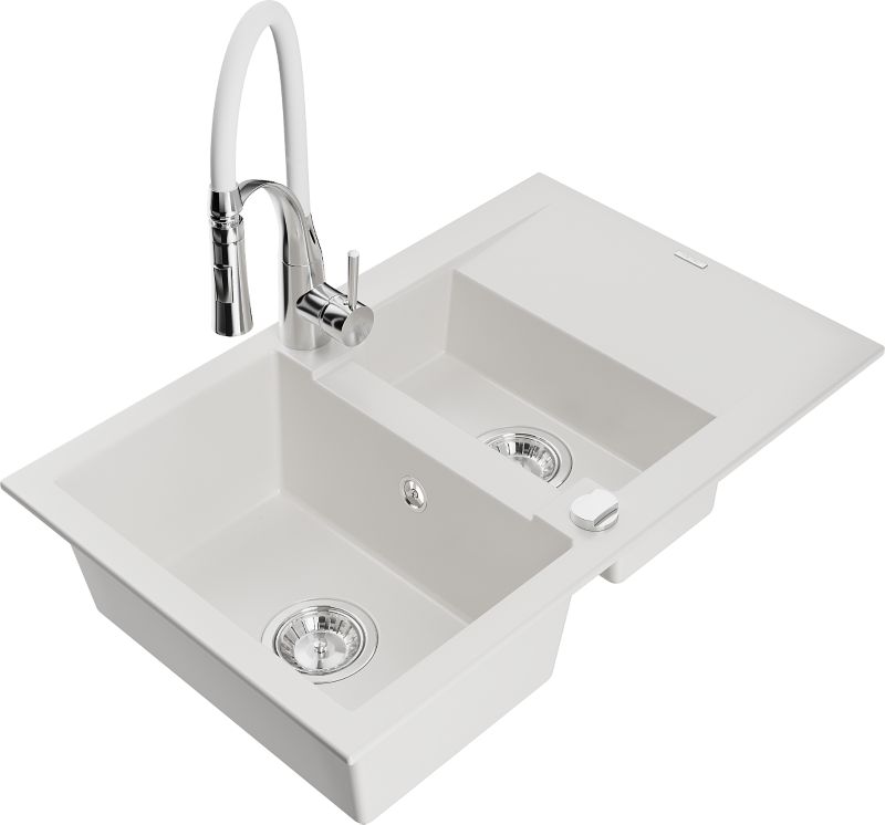 Zlewozmywak granitowy Mexen Gaspar 1,5-komorowy z ociekaczem i baterią kuchenną Aster biały 6507-20-73450-02