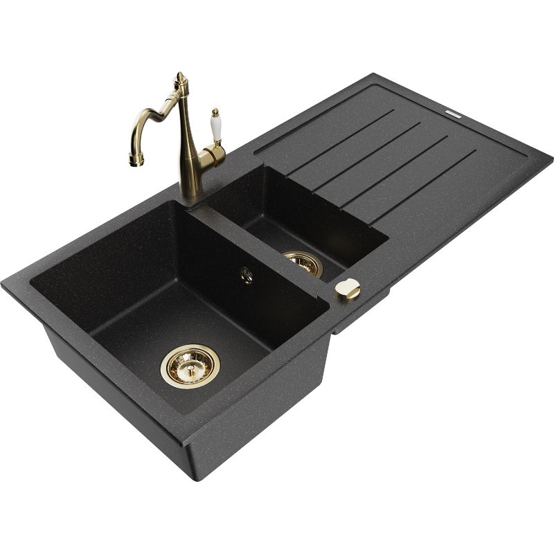 Zlewozmywak granitowy 1.5-komorowy Mexen Andres z ociekaczem i baterią kuchenną Carla czarny/srebrny 6515-73-670700-50