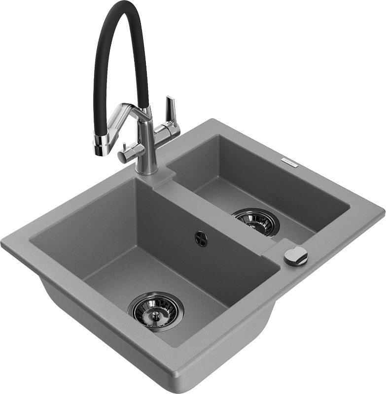 Zlewozmywak granitowy Mexen Carlos 1,5-komorowy z baterią kuchenną Duo szary 6518-71-671701-07-B