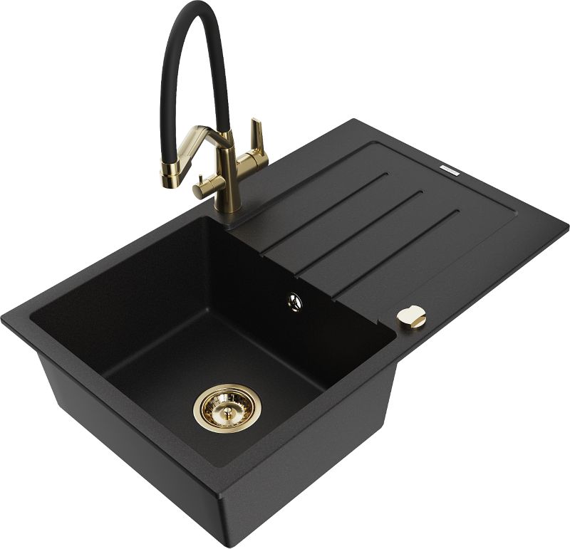 Zlewozmywak granitowy Mexen Bruno 1-komorowy z ociekaczem i baterią kuchenną Duo czarny 6513-77-671701-57-G