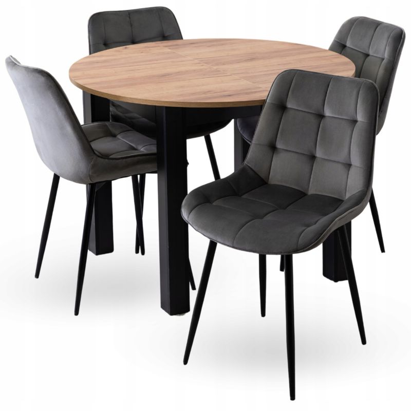 Zestaw Stół i 4 Krzesła Mebel Elite Harry 102-142 cm Dąb Craft/Czarny i Chris Szare Welurowe 1 kpl