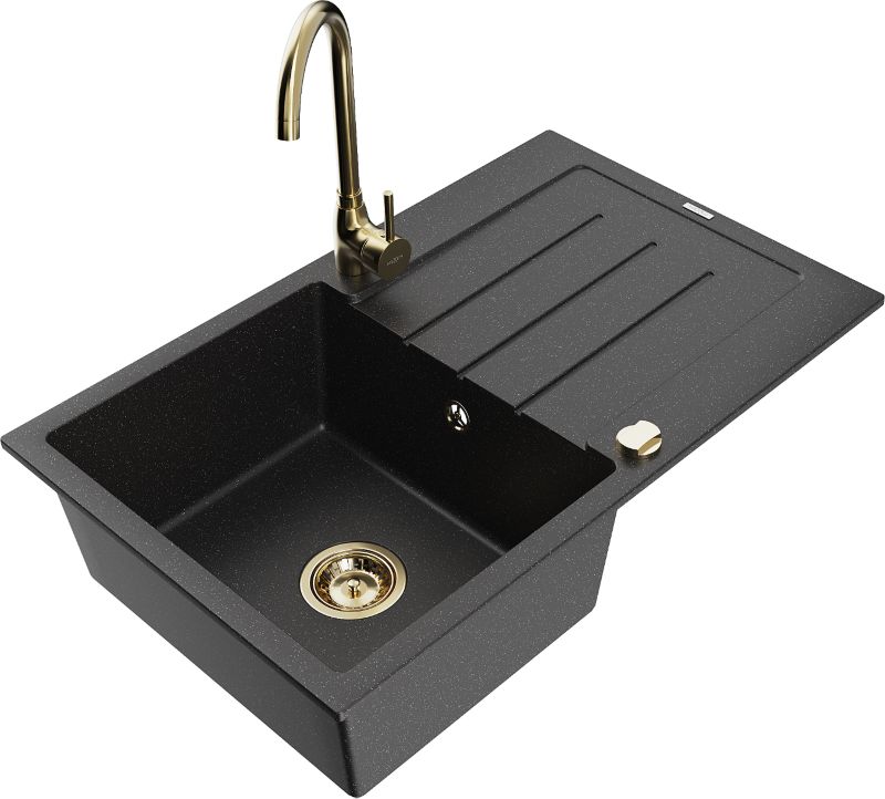 Zlewozmywak granitowy Mexen Bruno 1-komorowy z ociekaczem i baterią kuchenną Telma czarny/srebrny 6513-73-670200-50