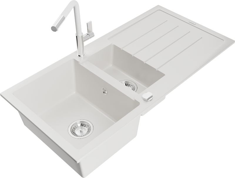 Zlewozmywak granitowy Mexen Andres 1,5-komorowy z ociekaczem i baterią kuchenną Flora biały 6515-20-670401-02