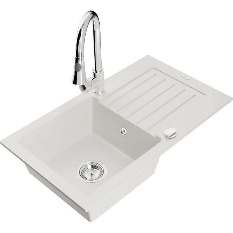 Zlewozmywak granitowy 1-komorowy Mexen Pablo z ociekaczem i baterią kuchenną Elia biały 6510-20-670101-00