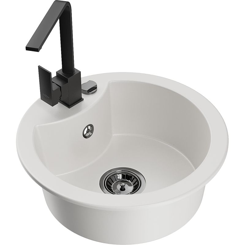 Zlewozmywak granitowy 1-komorowy Mexen Diego z baterią kuchenną Rita biały - 6512-20-670300-50 1 szt.