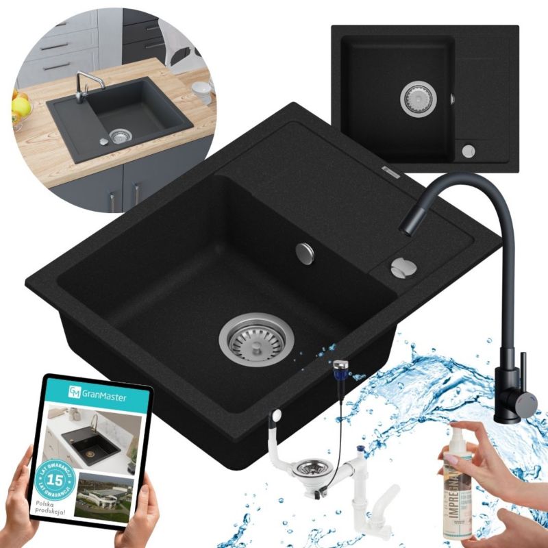 Zestaw zlewozmywak kuchenny GranMaster Smart 1-komorowy z ociekaczem, impregnatem, syfonem oraz baterią, czarny metalik 1szt.