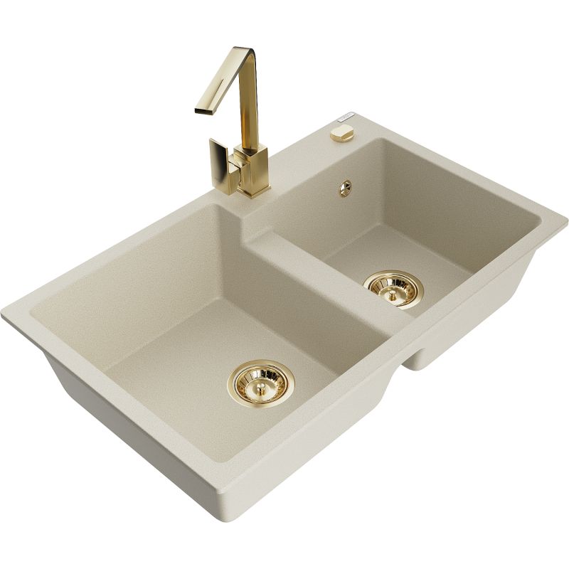 Zlewozmywak granitowy 2-komorowy Mexen Tomas z baterią kuchenną Rita czarny - 6516-77-670300-70 1 szt.