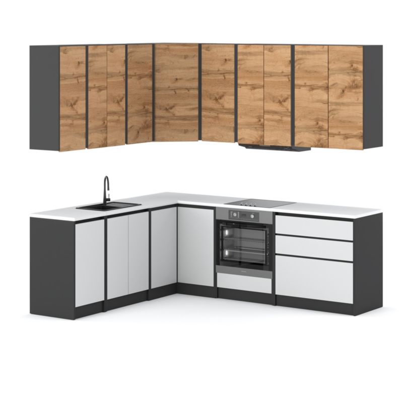 Zestaw Kuchenny Hurtownia-Mebli Z Blatem Kuchnia Bella Narożna Piekarnik 440cm Szary Mat Dąb Wotan/Biały Mat 440x47x185 cm 1szt