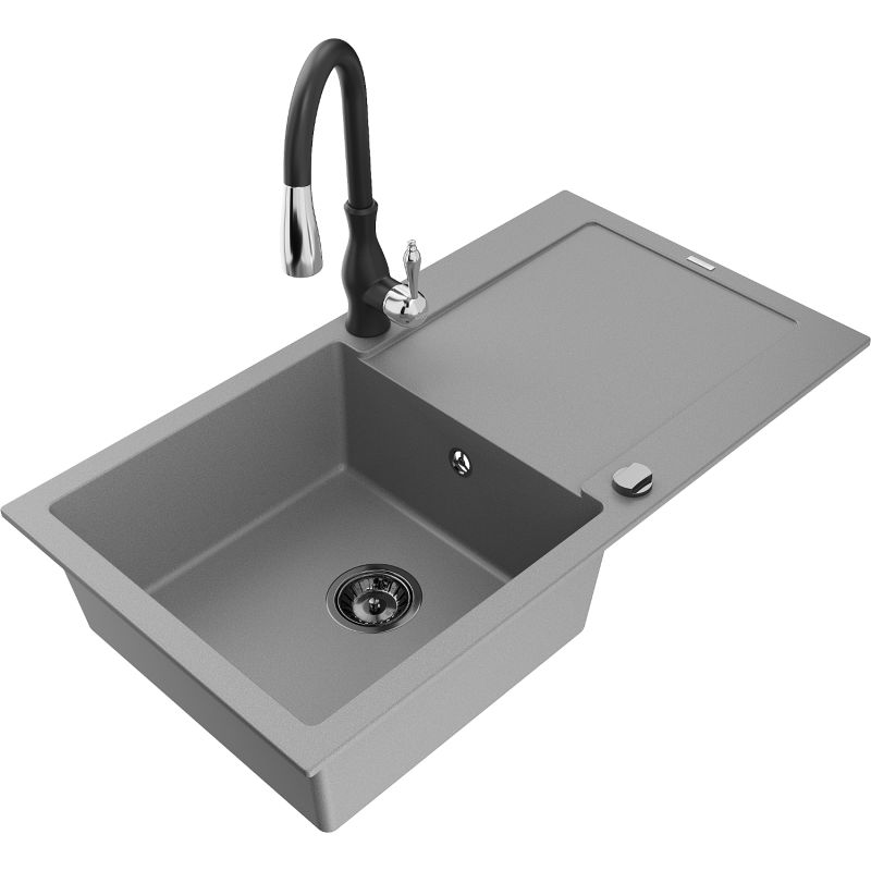 Zlewozmywak granitowy 1-komorowy Mexen Leo z ociekaczem i baterią kuchenną Savita szary 6501-71-672601-70-B