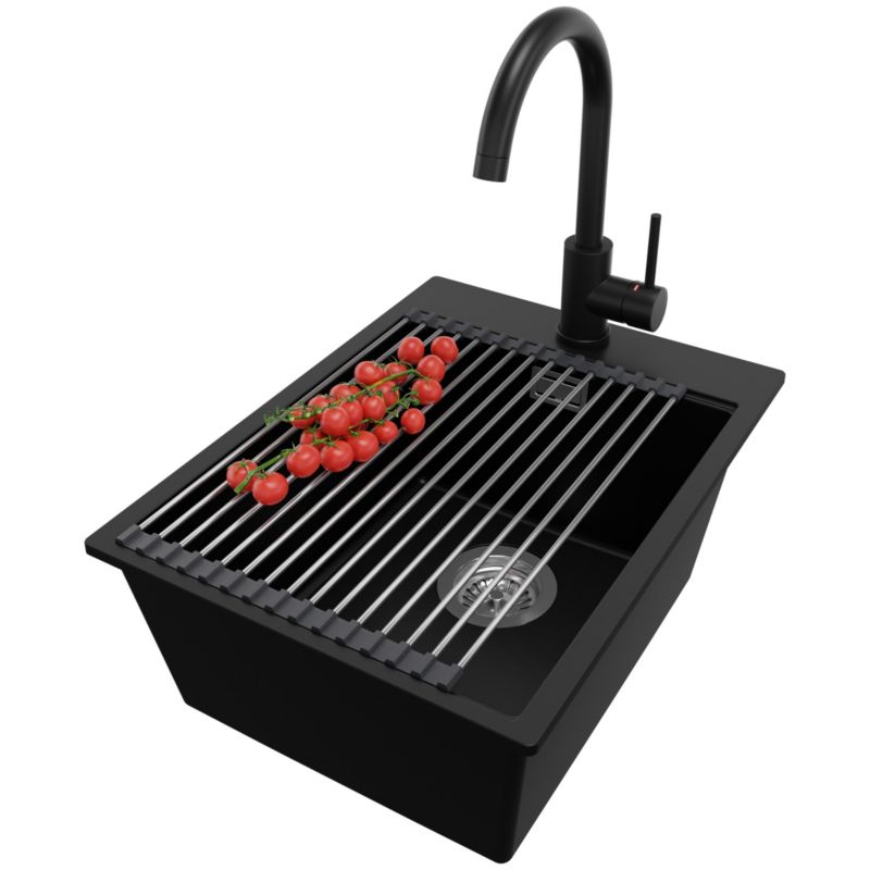 Zlewozmywak Granitowy Oslo PRIMAGRAN Nablatowy 38x50cm do szafki od 40cm z Syfonem i Baterią i Dodatkiem Czarny 1 szt.