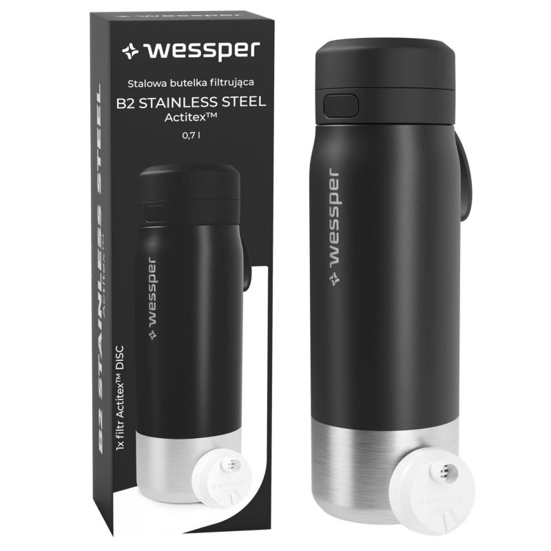 Butelka na wodę, Wessper, filtrująca, stal nierdzewna, bidon, z filtrem wody, 0,7L, B2 STAINLESS STEEL Actitex, czarna, 1szt