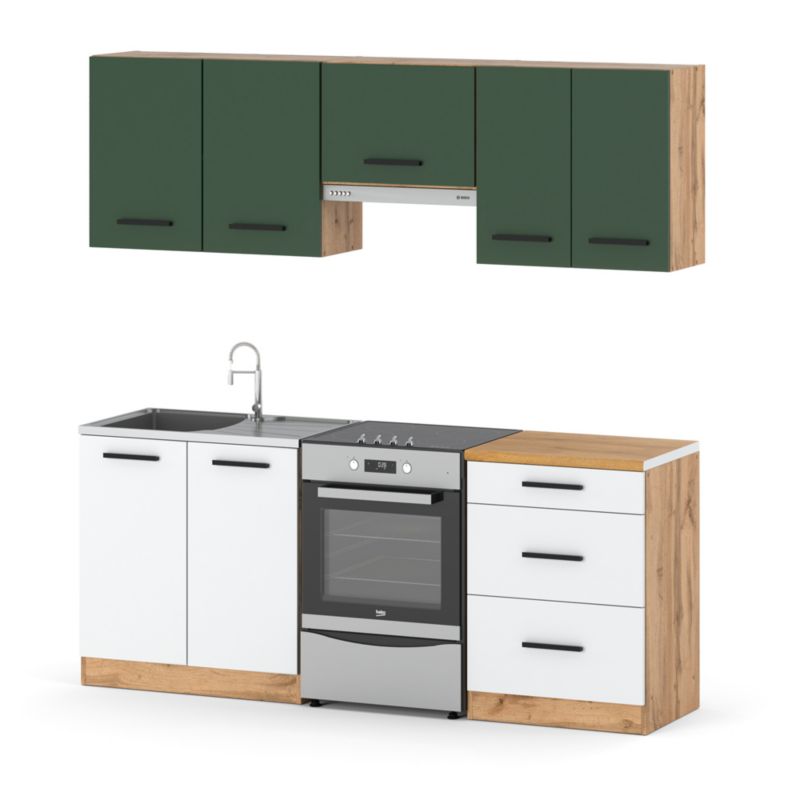 Zestaw Kuchenny Hurtownia-Mebli Z Blatem Kuchnia Mini Mokka Plus 200cm Dąb Wotan Butelkowa Zieleń/Biały Mat 200x47x145 cm 1szt.