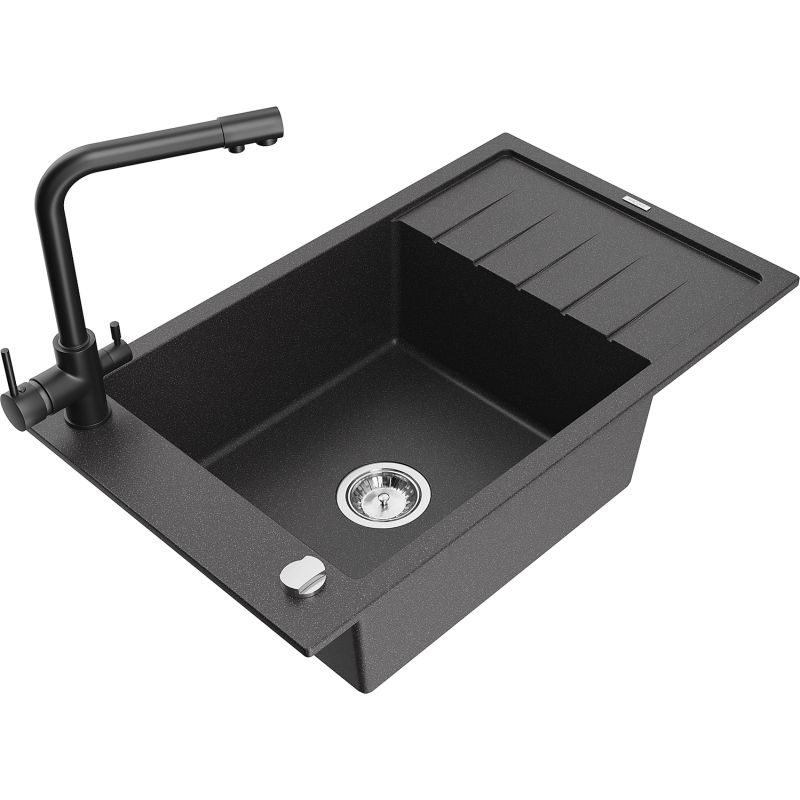 Zlewozmywak granitowy 1-komorowy Mexen Elias z ociekaczem i baterią kuchenną Duero czarny nakrapiany - 6511-76-671600-70-B 1 szt.
