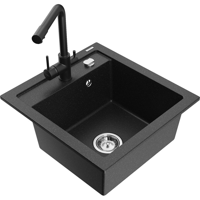 Zlewozmywak granitowy 1-komorowy Mexen Vito z baterią kuchenną Duero czarny/złoty metalik - 6503-75-671600-70 1 szt.