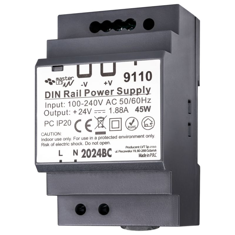 Zasilacz LED MasterLED na szynę DIN 24V 45W 1.88A IP20 52x58.5x92.5 mm 1 szt.