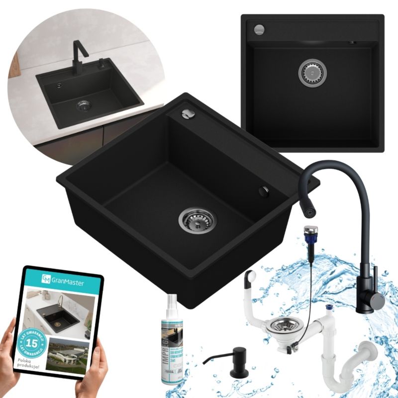 Zestaw zlewozmywak kuchenny GranMaster Magma 1-komorowy, baterią, impregnatem i dozownikiem płynu, czarny metalik 1szt.