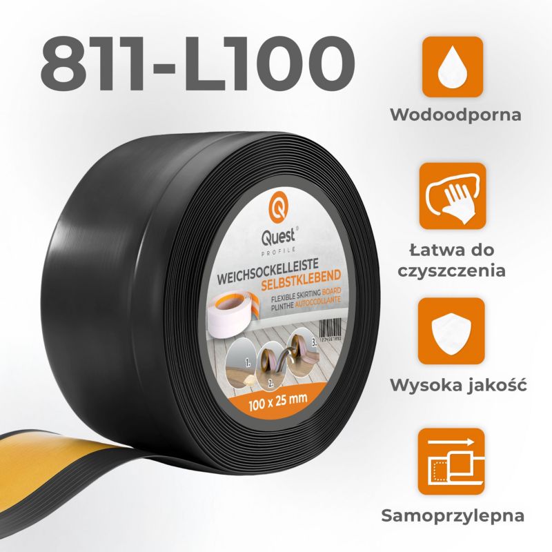 Listwa przypodłogowa PCV 100x25mm, QUEST, samoprzylepna elastyczna, miękka listwa podłogowa, cokołowa, czarny, 10m