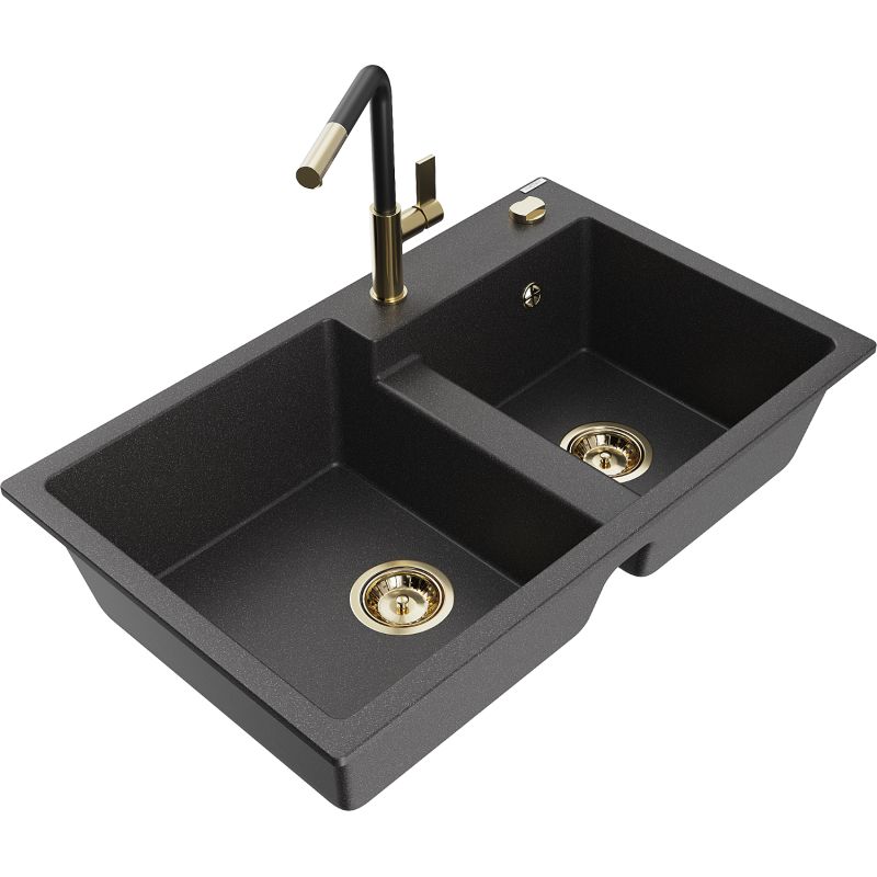 Zlewozmywak granitowy 2-komorowy Mexen Tomas z baterią kuchenną Flora czarny nakrapiany 6516-76-670401-57-G