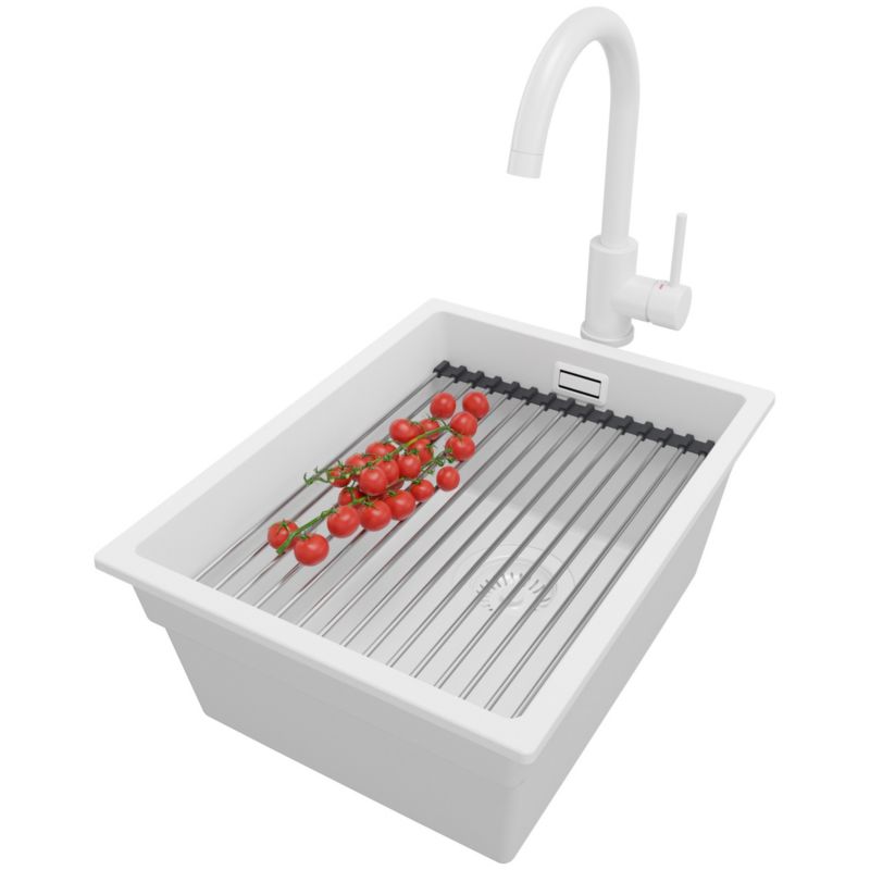 Zlewozmywak Granitowy Praga Slim PRIMAGRAN Nablatowy 36x47cm do szafki od 40cm z Syfonem i Baterią i Dodatkiem Cały Biały 1 szt.