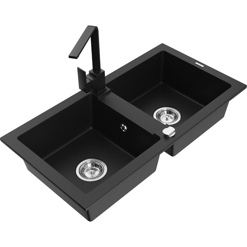 Zlewozmywak granitowy 2-komorowy Mexen Mario z baterią kuchenną Rita czarny - 6504-77-670300-00 1 szt.