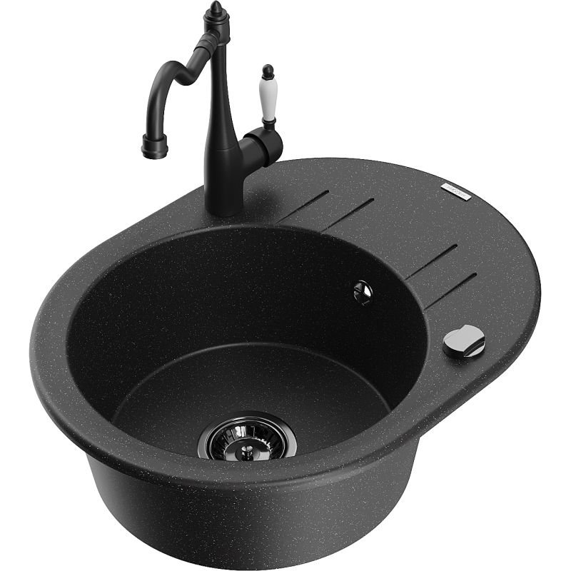 Zlewozmywak granitowy 1-komorowy Mexen Kevin z ociekaczem i baterią Carla czarny/srebrny metalik - 6517-73-670700-50 1 szt.