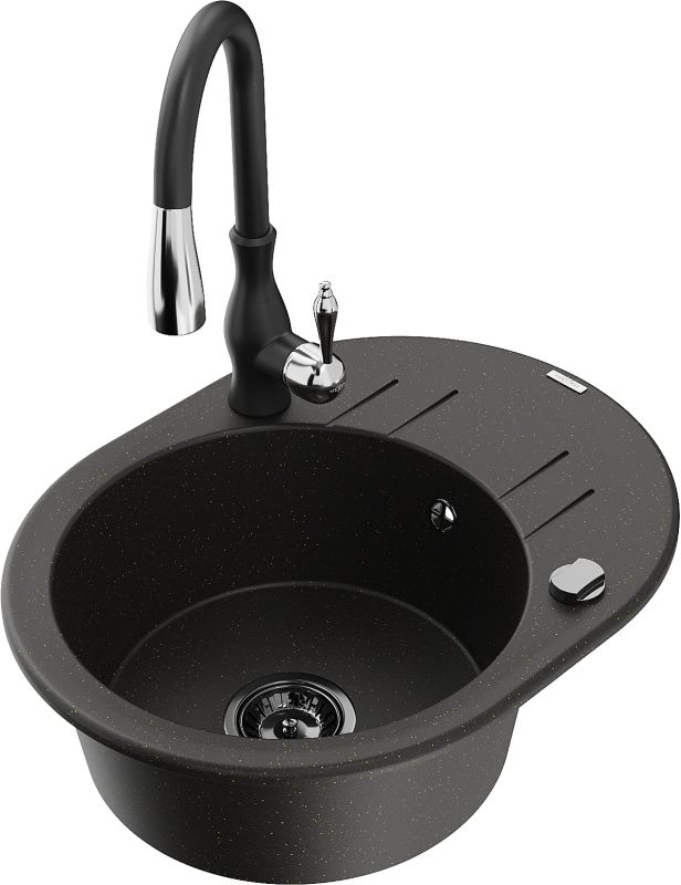Zlewozmywak granitowy Mexen Kevin 1-komorowy z ociekaczem i baterią kuchenną Telma czarny - 6517-76-670200-70-B 1 szt.