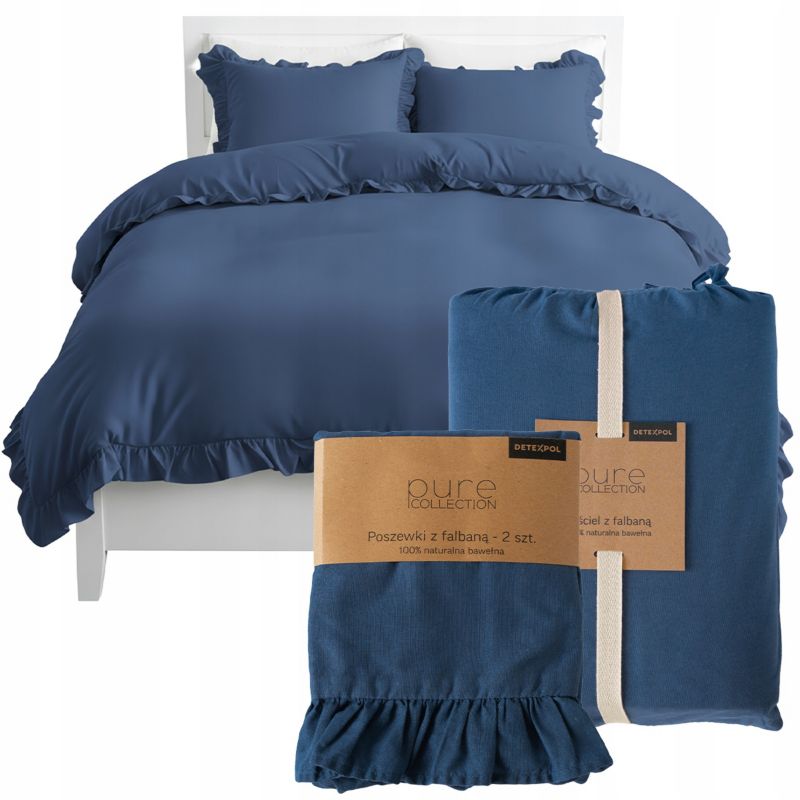 Pościel z falbaną Detexpol Pure 160x200cm + 2x poszewka 70x80cm bawełna niebieska 1 kpl.