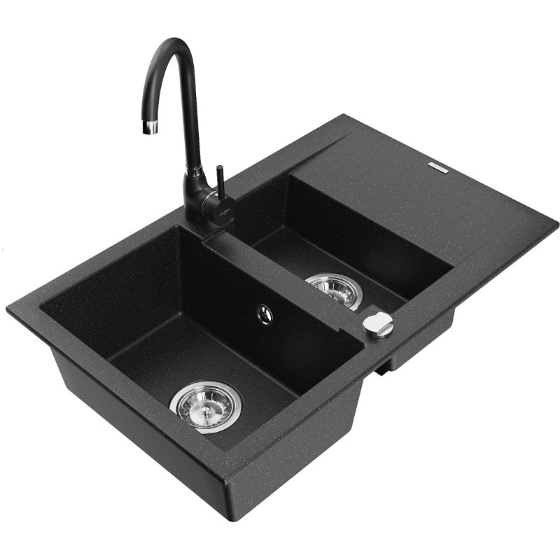 Zlewozmywak granitowy 1.5-komorowy Mexen Gaspar z ociekaczem i baterią kuchenną Telma czarny/złoty - 6507-75-670200-70 1 szt.