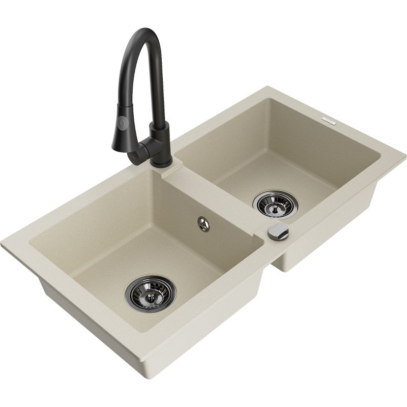 Zlewozmywak granitowy 2-komorowy Mexen Mario z baterią kuchenną Elia biały - 6504-20-670101-70 1 szt.