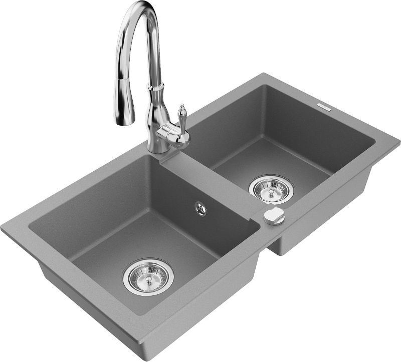 Zlewozmywak granitowy Mexen Matias 1,5-komorowy z ociekaczem i baterią kuchenną Duo czarny - 6502-77-671701-57-B 1 szt.