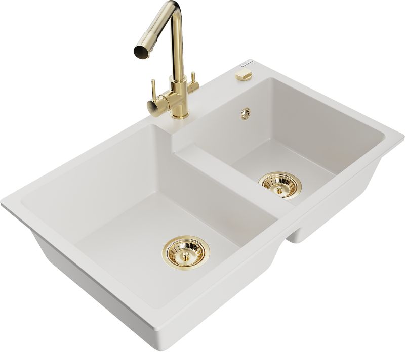Zlewozmywak granitowy Mexen Tomas 2-komorowy z baterią kuchenną Duo biały - 6516-20-671701-07 1 szt.