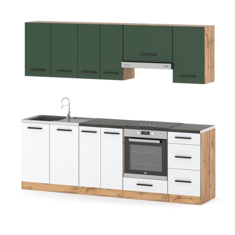 Zestaw Kuchenny Hurtownia-Mebli Z Blatem Kuchnia Mokka Plus 240cm Dąb Wotan Butelkowa Zieleń/Biały Mat 240x47x145 cm 1szt.
