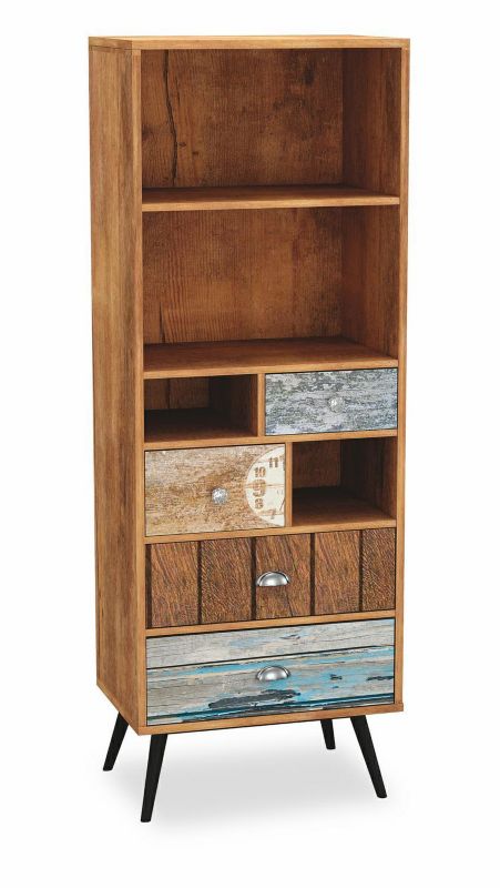 Regał na książki Kaliope rustykalny multikolor z szufladami 180 cm do salonu INTESI drewno 1 szt.