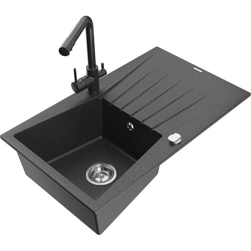 Zlewozmywak granitowy 1-komorowy Mexen Cesar z ociekaczem i baterią Duero czarny/srebrny metalik - 6514-73-671600-70 1 szt.