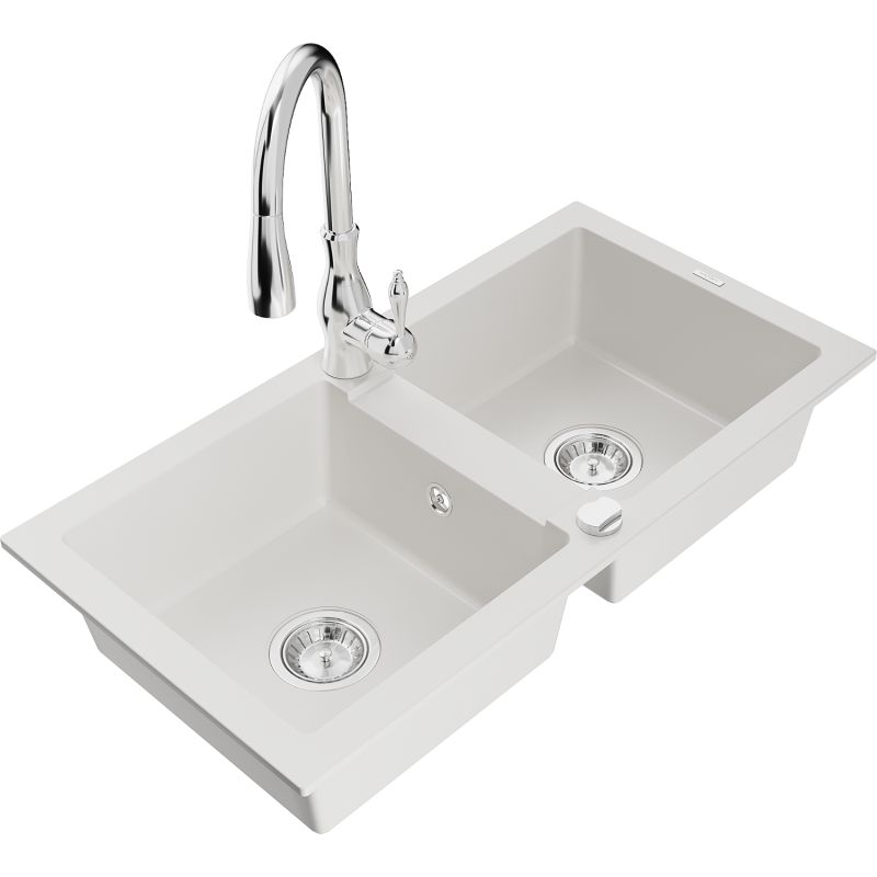 Zlewozmywak granitowy 2-komorowy Mexen Mario z baterią kuchenną Savita biały - 6504-20-672601-70 1 szt.