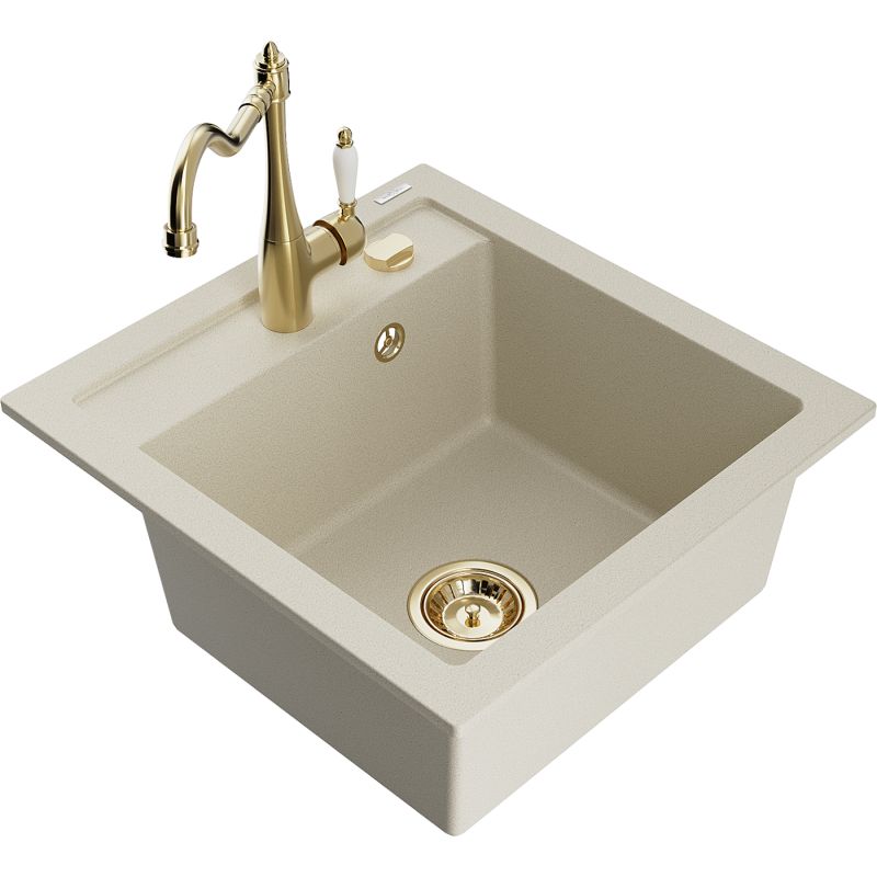 Zlewozmywak granitowy 1-komorowy Mexen Vito z baterią kuchenną Carla beżowy 6503-69-670700-50