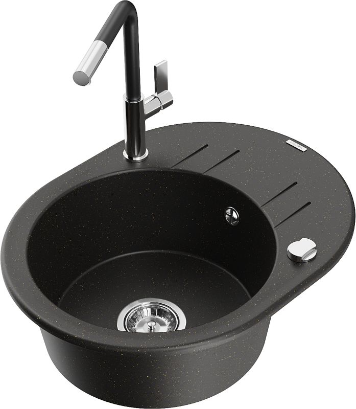 Zlewozmywak granitowy Mexen Kevin 1-komorowy z ociekaczem i baterią kuchenną Flora czarny/złoty 6517-75-670401-07