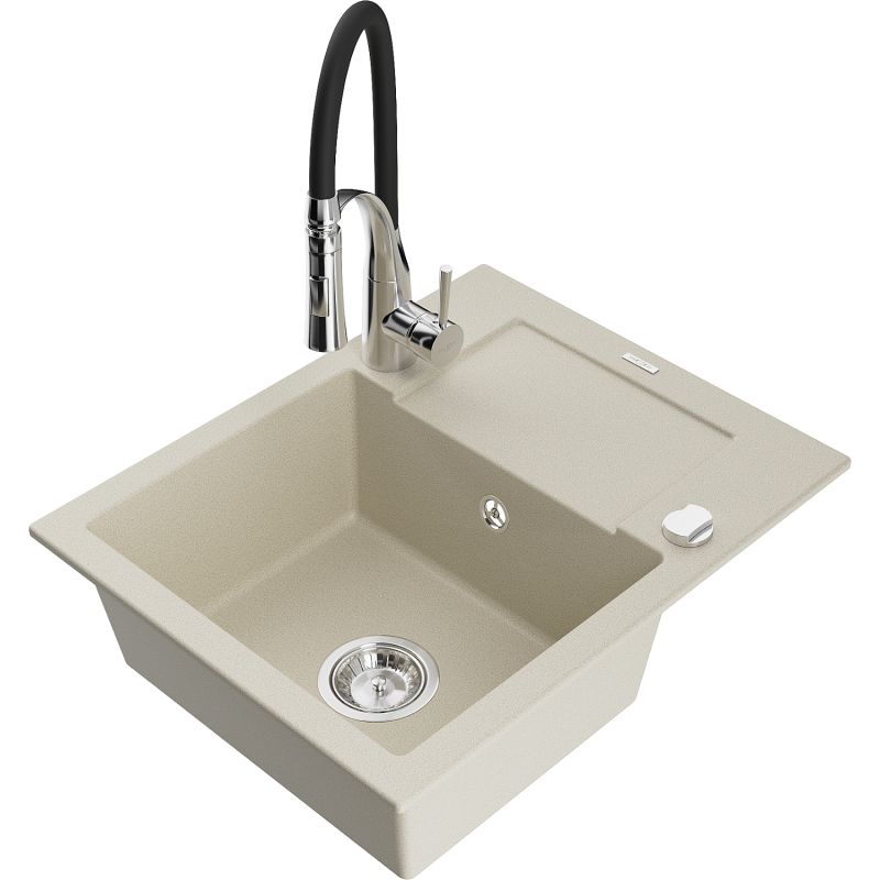 Zlewozmywak granitowy 1-komorowy Mexen Enzo z ociekaczem i baterią kuchenną Aster beżowy - 6506-69-73450-57-B 1 szt.